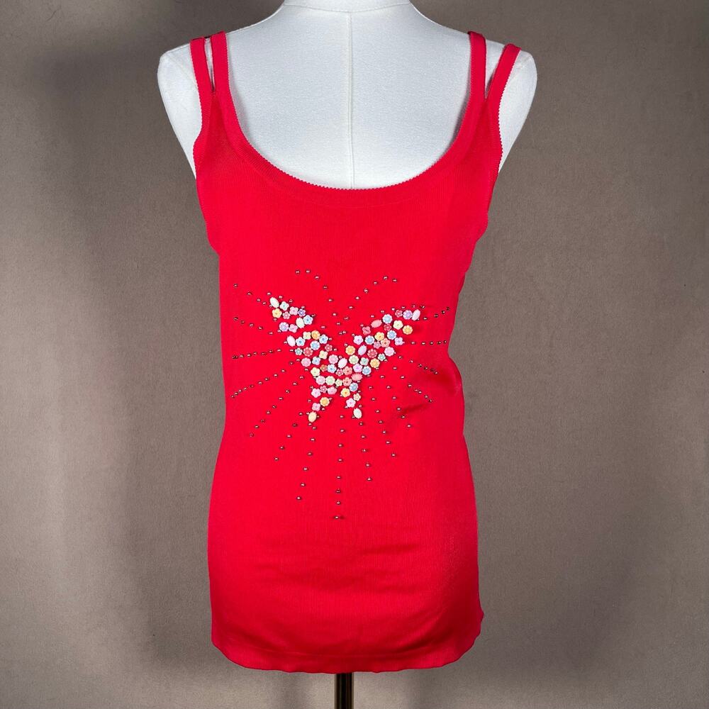 Y2K VTG Butterfly Beaded Tank Top Cherry Red Size L/XL Unique, Going Out, Sexy